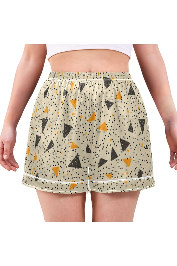 Women's Satin Pajama Shorts Orange and Black Triangles with Pockets, Elastic Waist Sleep Lounge Shorts