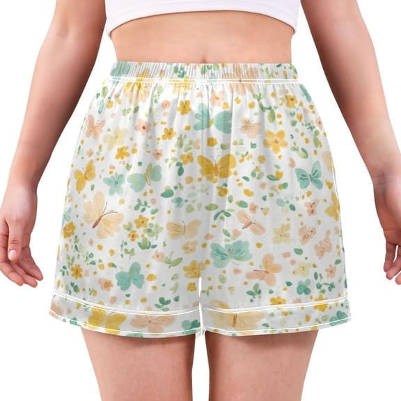 Women's Satin Pajama Shorts Pastel Butterflies Pattern with Pockets, Elastic Waist Sleep Lounge Shorts