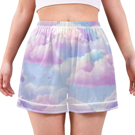 Women's Satin Pajama Shorts Pastel Colored Clouds with Pockets, Elastic Waist Sleep Lounge Shorts