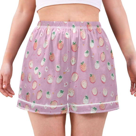 Women's Satin Pajama Shorts Pink Strawberries with Pockets, Elastic Waist Sleep Lounge Shorts