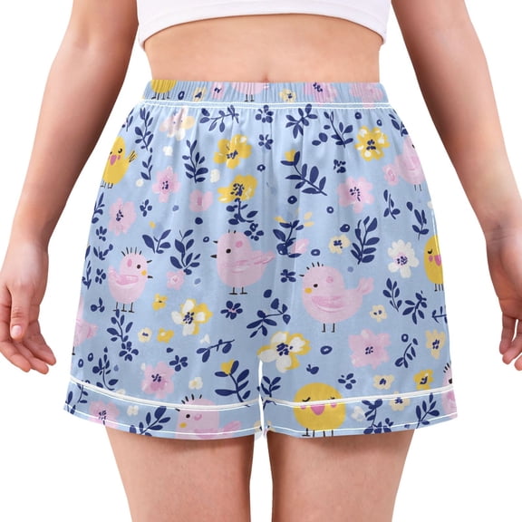 Women's Satin Pajama Shorts Playful Birds and Floral with Pockets, Elastic Waist Sleep Lounge Shorts