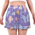 thumbnail image 1 of Women's Satin Pajama Shorts Purple Blossoms and Butterflies with Pockets, Elastic Waist Sleep Lounge Shorts, 1 of 7