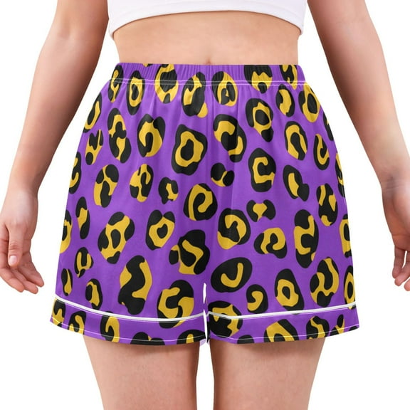 Women's Satin Pajama Shorts Purple Leopard Print with Pockets, Elastic Waist Sleep Lounge Shorts