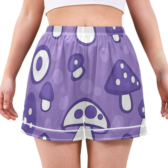 Women's Satin Pajama Shorts Purple Mushrooms with Pockets, Elastic Waist Sleep Lounge Shorts
