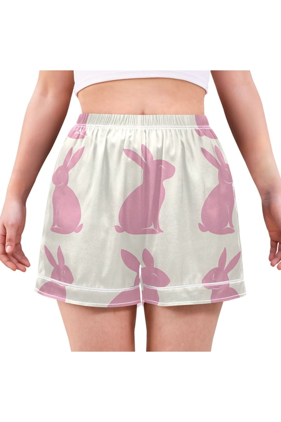 Women's Satin Pajama Shorts Rabbit Pattern Design with Pockets, Elastic Waist Sleep Lounge Shorts