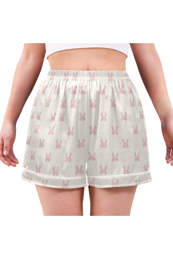 Women's Satin Pajama Shorts Rabbit Pattern with Pockets, Elastic Waist Sleep Lounge Shorts