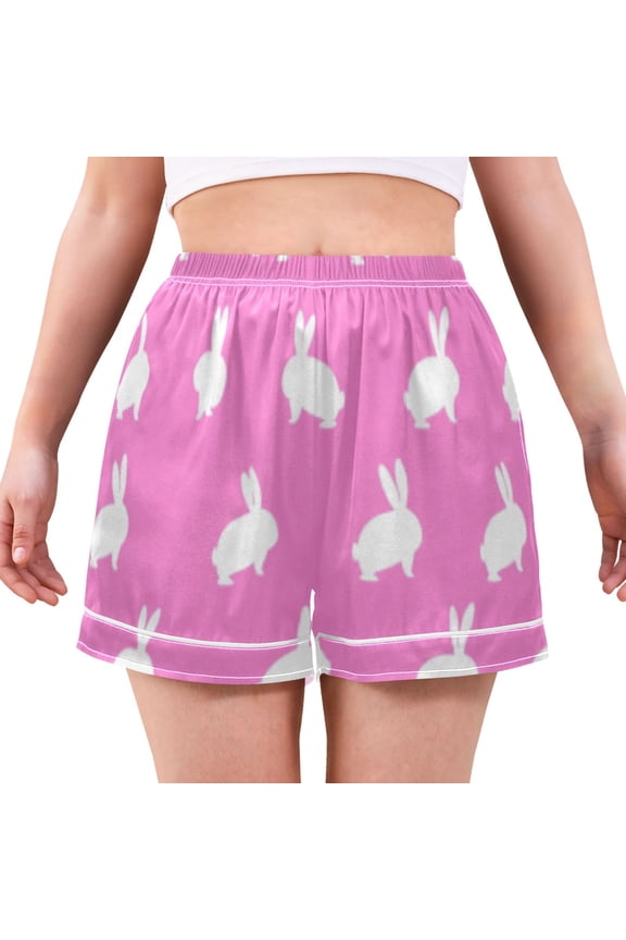 Women's Satin Pajama Shorts Rabbit Silhouette Pattern with Pockets, Elastic Waist Sleep Lounge Shorts