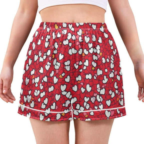 Women's Satin Pajama Shorts Red Hearts Pattern with Pockets, Elastic Waist Sleep Lounge Shorts