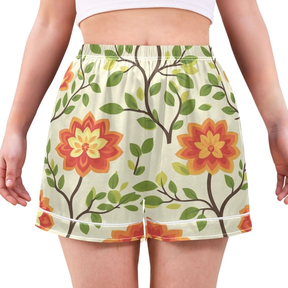 Women's Satin Pajama Shorts Seamless Flowers with Pockets, Elastic Waist Sleep Lounge Shorts