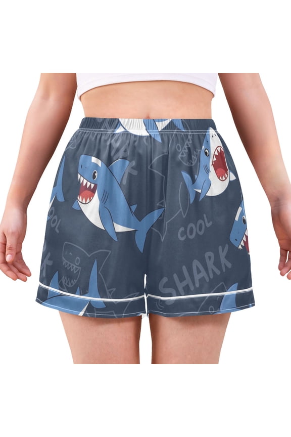 Women's Satin Pajama Shorts Shark Pattern with Pockets, Elastic Waist Sleep Lounge Shorts
