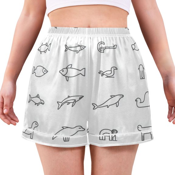 Women's Satin Pajama Shorts Simple Animal Line Drawings with Pockets, Elastic Waist Sleep Lounge Shorts