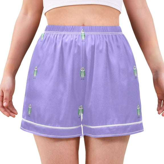 Women's Satin Pajama Shorts Simple Owl Pattern with Pockets, Elastic Waist Sleep Lounge Shorts