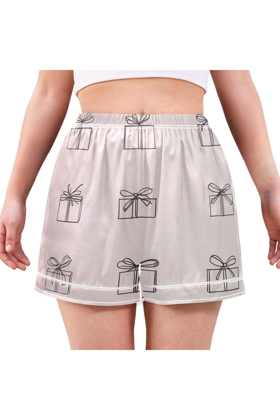 Women's Satin Pajama Shorts Sketched Gift Boxes Pattern with Pockets, Elastic Waist Sleep Lounge Shorts