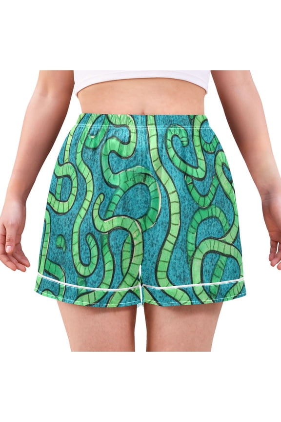 Women's Satin Pajama Shorts Snake Pattern with Pockets, Elastic Waist Sleep Lounge Shorts