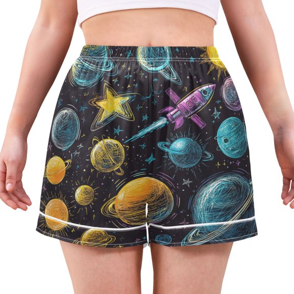 Women's Satin Pajama Shorts Space Rocket with Pockets, Elastic Waist Sleep Lounge Shorts