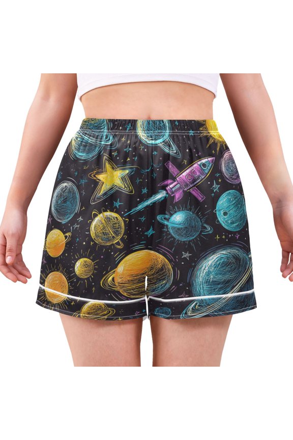 Women's Satin Pajama Shorts Space Rocket with Pockets, Elastic Waist Sleep Lounge Shorts