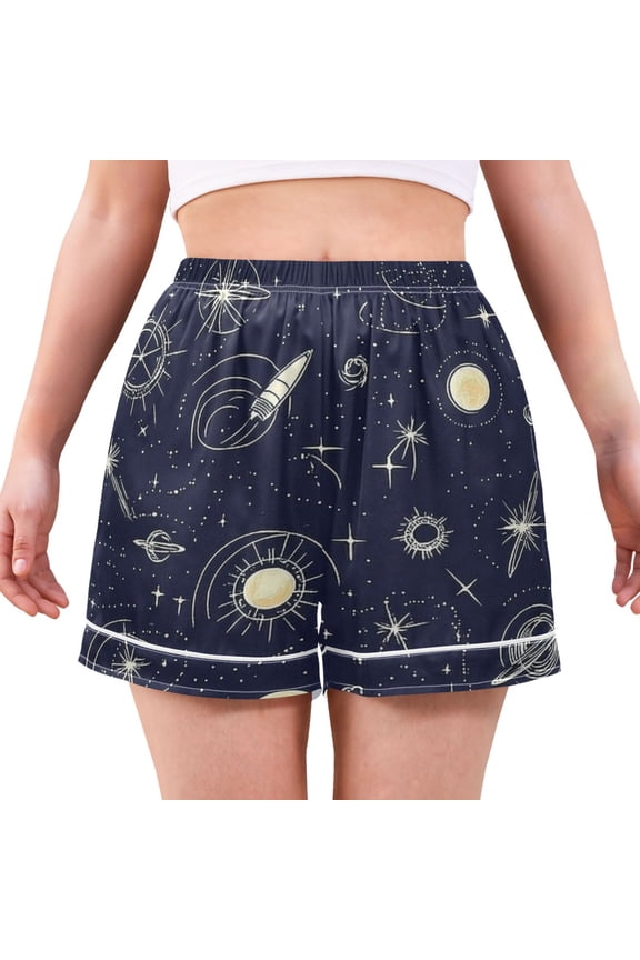 Women's Satin Pajama Shorts Space Themed Pattern with Pockets, Elastic Waist Sleep Lounge Shorts