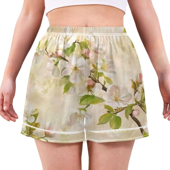 Women's Satin Pajama Shorts Spring Blossoms with Pockets, Elastic Waist Sleep Lounge Shorts