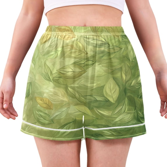 Women's Satin Pajama Shorts Spring Leaf Pattern with Pockets, Elastic Waist Sleep Lounge Shorts