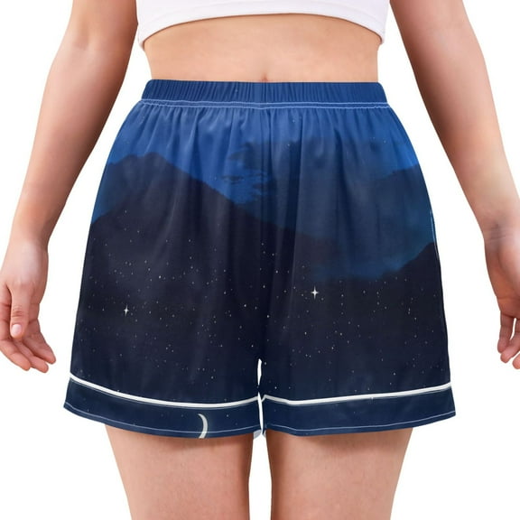 Women's Satin Pajama Shorts Starry Night Scenery with Pockets, Elastic Waist Sleep Lounge Shorts