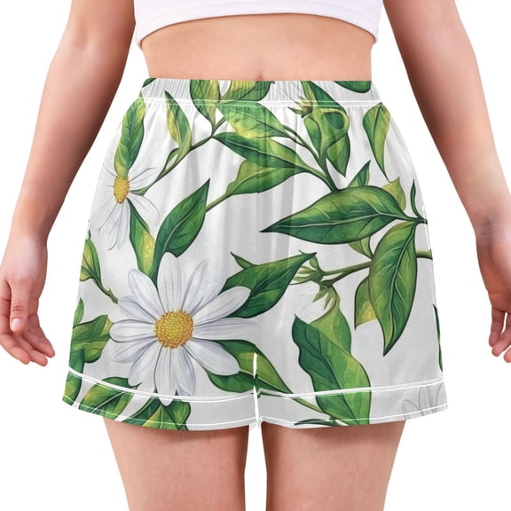 Women's Satin Pajama Shorts Sunny Daisy Pattern with Pockets, Elastic Waist Sleep Lounge Shorts