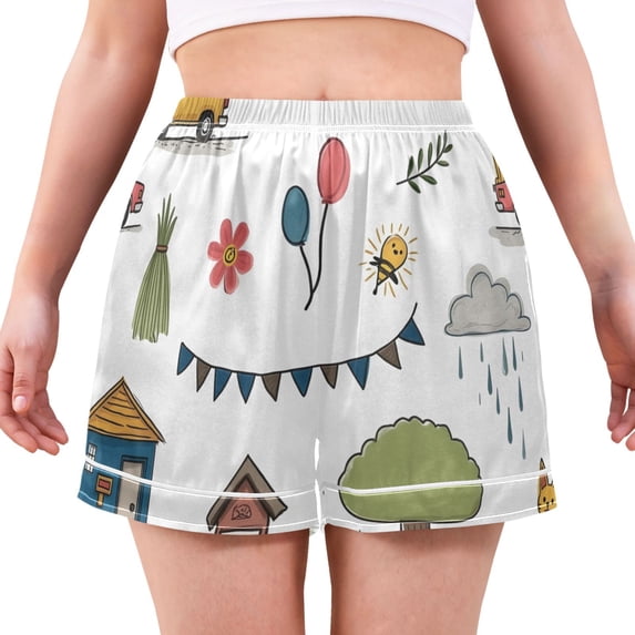 Women's Satin Pajama Shorts Town Life with Dog with Pockets, Elastic Waist Sleep Lounge Shorts