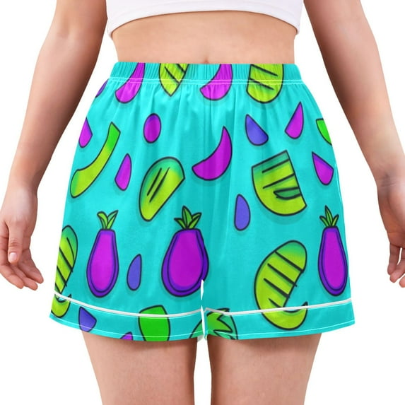 Women's Satin Pajama Shorts Tropical Fruits Pattern with Pockets, Elastic Waist Sleep Lounge Shorts