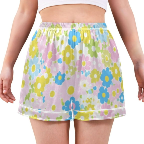 Women's Satin Pajama Shorts Vibrant Flowers Pattern with Pockets, Elastic Waist Sleep Lounge Shorts