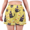 thumbnail image 1 of Women's Satin Pajama Shorts Yellow Background with Black Cat with Pockets, Elastic Waist Sleep Lounge Shorts, 1 of 7