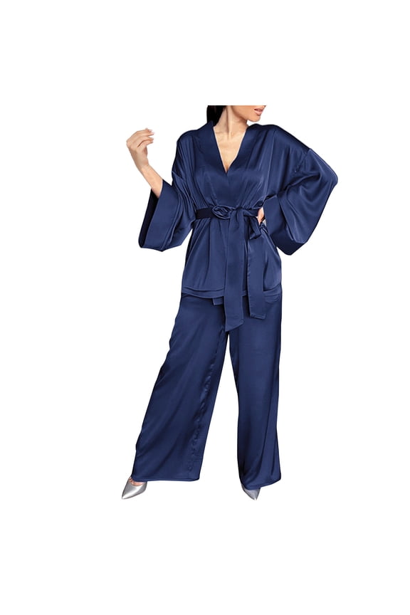 Women's Satin Pajama Sleep Sets Long Sleeve Deep V Neck Belt Suit Tops Baggy Pants Ladies Sleepwear Suits (L, Dark Blue)