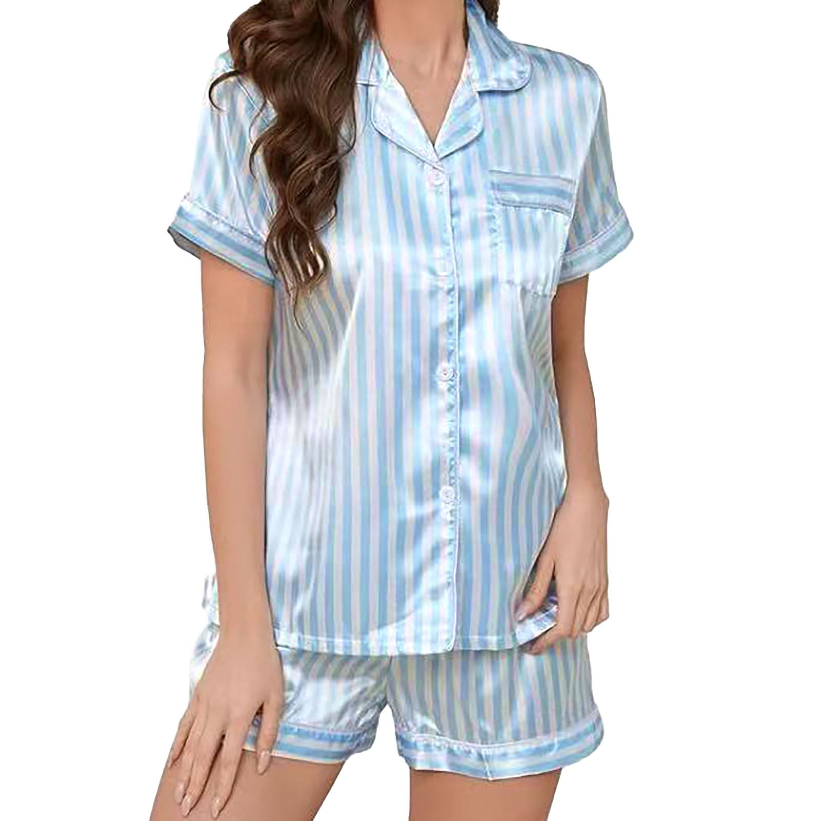 Women's Satin Pajamas Button - Up Silk 2 - Piece Set with Notch Collar ...