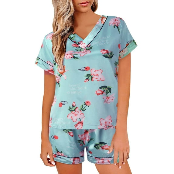 Women's Satin Pajamas Casual Comfy Printed V Neck Short Sleeve Tops and Shorts Lounge Sets Sleepwear Plus Size Pjs