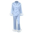 thumbnail image 1 of Women's Satin Pajamas Feather Trim Long Sleeve Button-Down Tops Pants Womens Two Piece Lounge Set Cute Womens Fall Pajamas, 1 of 5