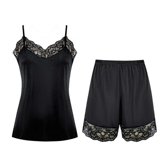 Women's Satin Pajamas Set 2 Piece Lace Patchwork V Neck Camisole with Pjs Shorts Sets Sexy Fashion Sleepwear Outfits