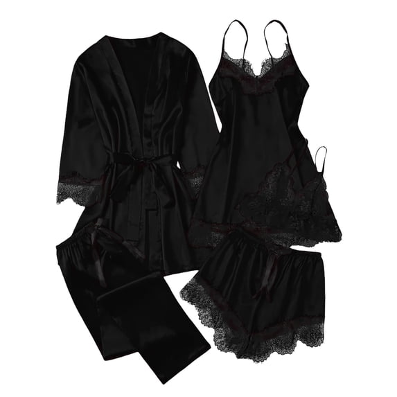 Women's Satin Pajamas Set 5pcs with Lace Trim Robe Nightgown Cami Shorts Pants Sleepwear Summer Cute Loungewear