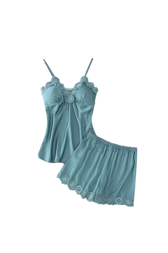 Women's Satin Pajamas Sets Sleeveless Lace Spaghetti Top with Breast Pads Embroidery Trim Nightwear Lightweight Thin Loungewear Slim Fit Tops Match Shorts 2026 Trendy Casual Clothes