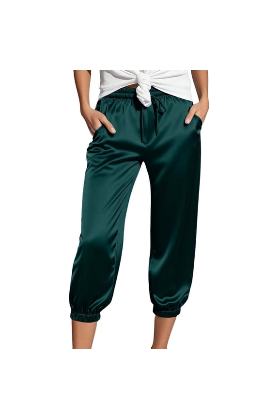 Women's Satin Pants Tie Elastic High Waist Shiny Silky Dressy Satin Cargo Joggers Capris Sweatpants Sports