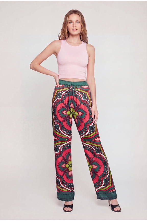 Women's Satin Patterned High Waisted Wide Leg Pants