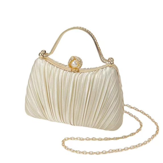 Women's Satin Pleated Rhinestone Evening Clutch Purse - Elegant Wedding Party Handbag with Chain for Prom Gala gold