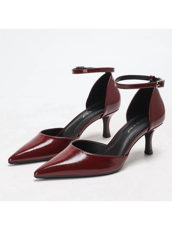 Women's Pointed Toe Slingback Wrinkled Patent PU Heels - Wine-red Dress Shoes for Office & Wedding - Size 7.5