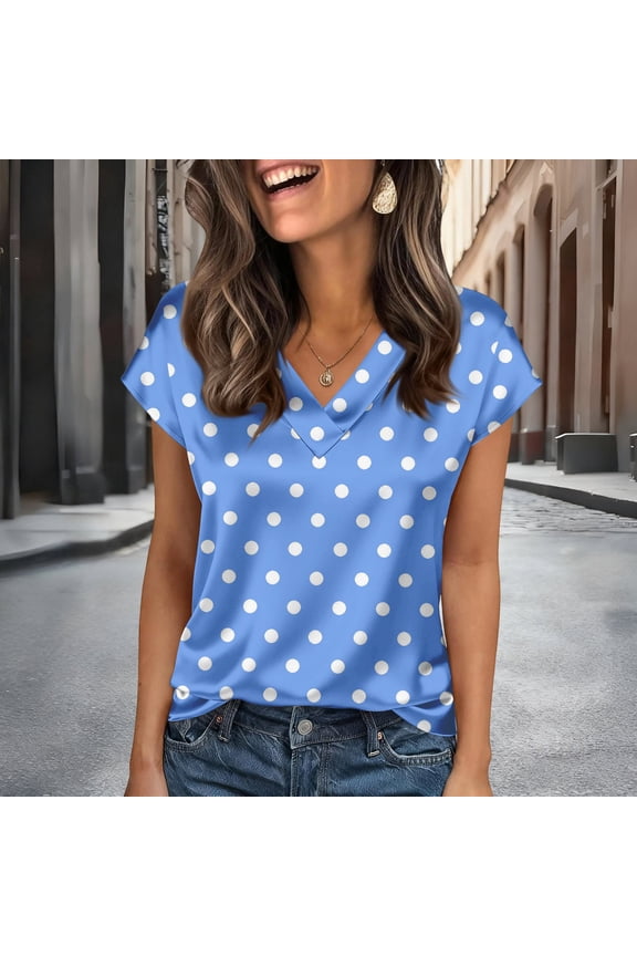 Women's Satin Polka Dot Blouse, V Neck Short Sleeve Printed Casual Shirt, Feminine Business Casual Top for Meetings or Smart Casual,Sky Blue - L