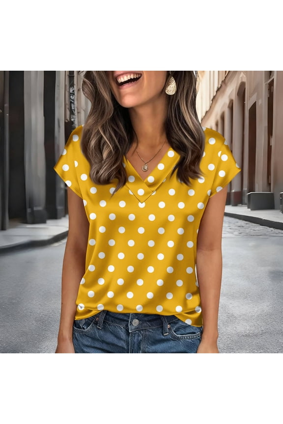 Women's Satin Polka Dot Blouse, V Neck Short Sleeve Printed Casual Shirt, Feminine Business Casual Top for Meetings or Smart Casual,Yellow - M