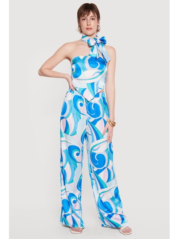 Women's Satin Printed Patterned Wide Leg Casual Pants