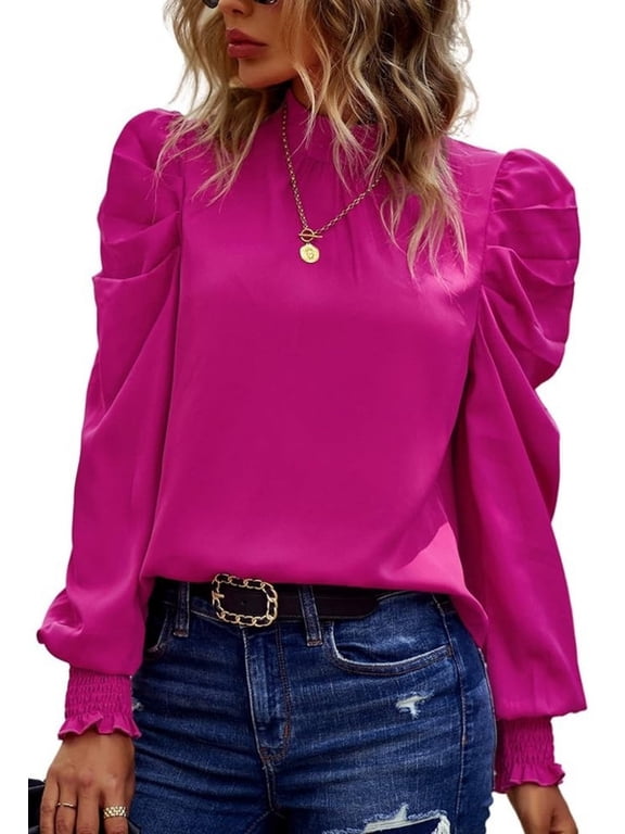 Women's Satin Puff Long Sleeve Blouse, Mock Neck Bow Back Smocked Cuff Elegant Dressy Tops