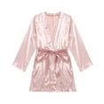 thumbnail image 1 of Women's Satin Robe 3/4 Sleeve Short Kimono Bathrobes Lightweight Valentines Bridesmaid Ruffle Belted Robes Sleepwear, 1 of 5