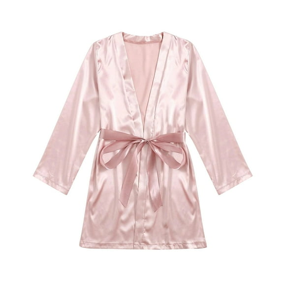 Women's Satin Robe 3/4 Sleeve Short Kimono Bathrobes Lightweight Valentines Bridesmaid Ruffle Belted Robes Sleepwear