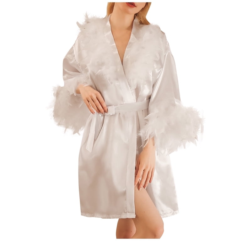 FASESH Women's Satin Robe, Bathrobe for Bride Long Bridesmaids Dressing Gown Wedding Party Patchwork Sleepwear White XXL, Size: 2XL