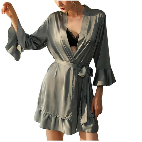 Women's Satin Robe Kimono Bridesmaids Robe Short Ruffle Hem Silky Bathrobe 3/4 Sleeve Night Robe Sleepwear