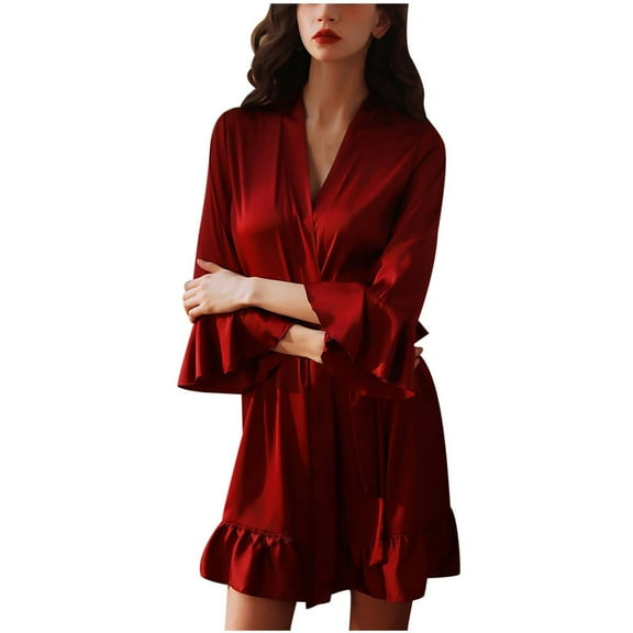 Women's Satin Robe Kimono Bridesmaids Robe Short Ruffle Hem Silky Bathrobe 3/4 Sleeve Night Robe Sleepwear