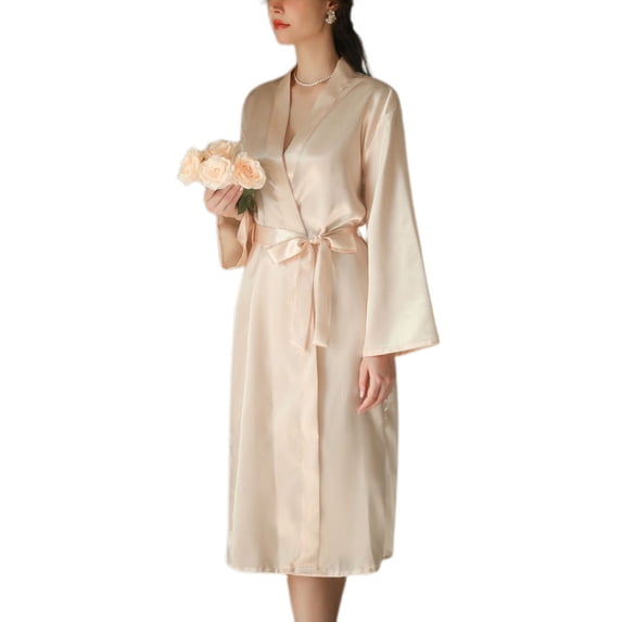 Women's Satin Robe Long Kimono Robe Comfy Spring Bathrobe Summer Silky Bridesmaid Lightweight Soft Bride Bridal Party Golden Medium